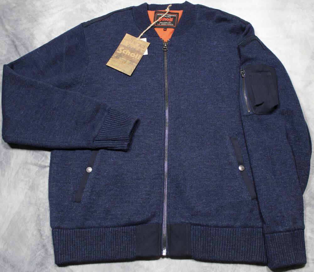 Schott Jacket Mens XL Blue Wool Bomber Knit Full Zip Orange Lined FT728
